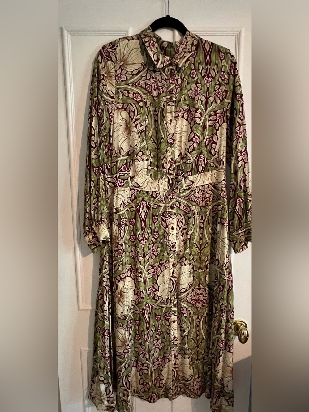 William Morris  Floral Vine Midi Shirt Dress in Green and Burgundy Size 12